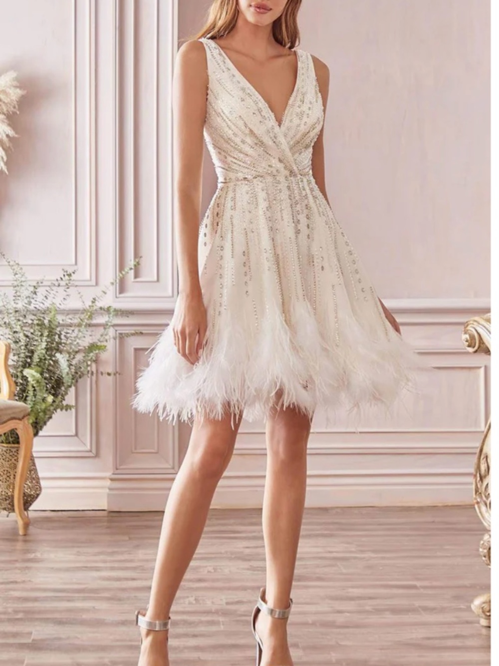 Andrea & Leo A1012 White Beaded Cocktail Dress | Feather Hem Size 2 - Picture 5 of 8